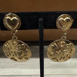 Moschino Vintage Gold Heart Spell-Out Drop Earrings